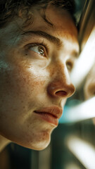 Close-up of a young woman's face with fair skin and freckles, looking thoughtful.  She is illuminated by natural light.