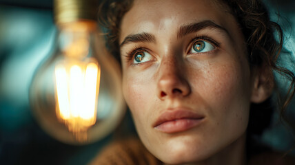 Contemplative woman illuminated by soft light, gazing upwards with a thoughtful expression. Focus on dreams, ideas, and introspection.