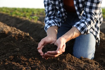 Man holding pile of soil in field, closeup