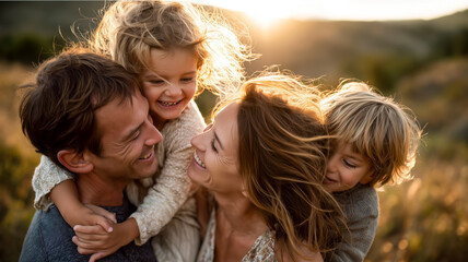 Joyful family embraces in golden sunlight, creating a warm, loving moment amidst a picturesque natural setting. Loving parent.