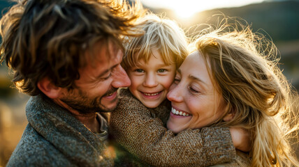 A happy family hugging warmly at sunset, creating a moment of love, joy, and togetherness in nature.