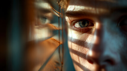 Intense gaze through blinds, a close-up capturing light and shadow on a person's face with a look of curiosity and mystery.
