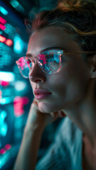 Focused woman with glasses reflecting digital data in a brightly lit setting, showcasing technology and innovation.