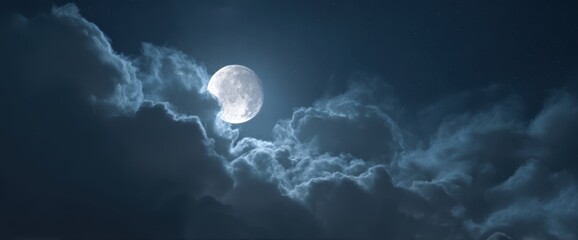 Fototapeta premium Full Moon Glowing Surrounded by Clouds in Dark Night Starry Sky View Scenery