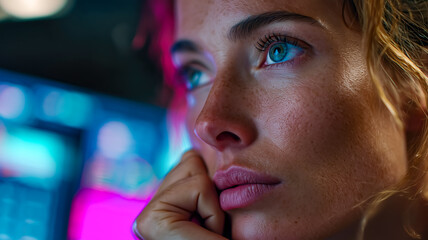 Focused gaze of a woman illuminated by a screen, immersed in digital content, eyes reflecting the glow of the virtual world.