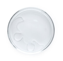 Cosmetic product in Petri dish isolated on white, top view