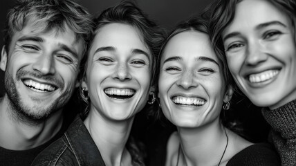 A black and white photograph features four joyful people, showcasing their bright smiles and genuine laughter in a group portrait.