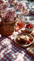 Outdoor picnic setting with baked goods, fresh strawberries, and pink blossoms create a relaxing spring scene. 