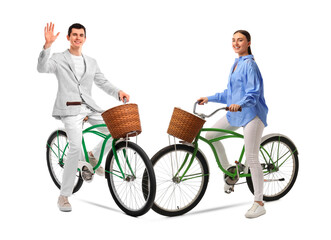 Handsome man and beautiful woman riding bicycles on white background