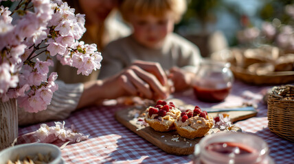 Family creating raspberry desserts. A delightful scene capturing a bond over food, flowers, and outdoor fun.