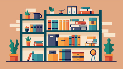 Floortoceiling shelves filled with books and office supplies add functionality to the lofts stylish decor.. Vector illustration