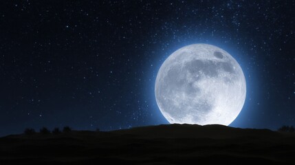 Gigantic Moon Shining Bright Over Dark Hilly Landscape Under Starry Night Sky