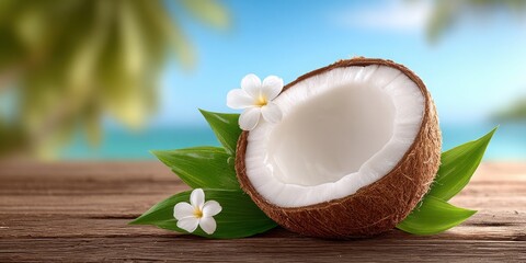 Half a fresh young coconut with white flesh, adorned with tropical flowers and green leaves, rests on a rustic wooden surface against a blurred beach background.  