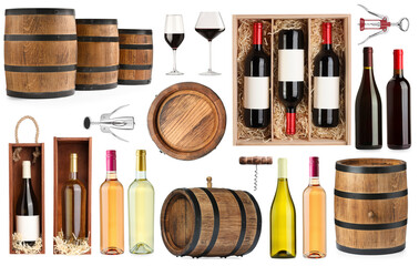 Set with wine bottles, glasses and barrels isolated on white