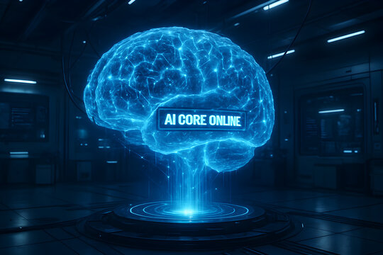 A radiant blue AI core, shaped like a human brain, powers up on a futuristic platform, symbolizing advanced technology and the future.
