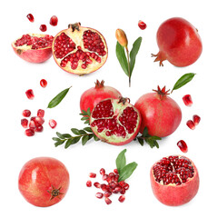 Pomegranate fruits and green leaves isolated on white, set