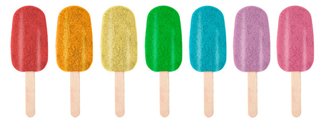 Yummy bright ice creams in rainbow colors on white background, set