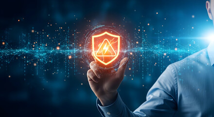 A person's hand interacts with a vibrant digital shield icon, symbolizing robust cybersecurity and data protection in a futuristic network.