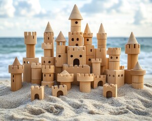 Wooden castle blocks on a sandy beach