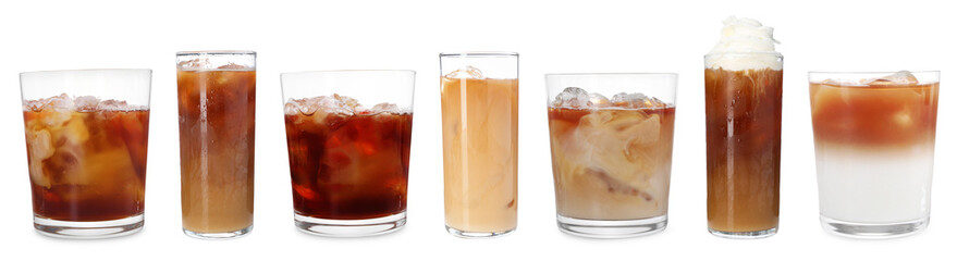 Different cold coffee drinks isolated on white, set