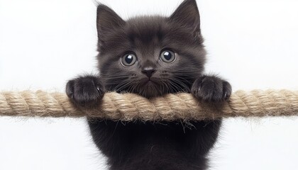 A curious kitten grasps a rope