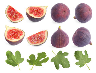 Fresh ripe figs and green leaves isolated on white, collage