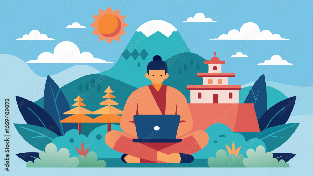 Poster away from the hustle and bustle of the modern world a digital nomad finds contentment in working pea