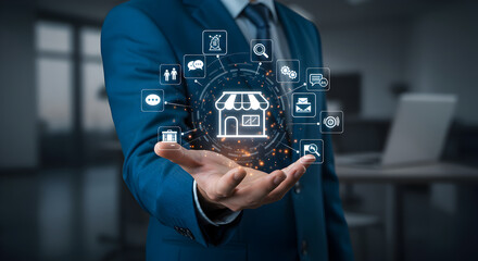 A professional holds a glowing digital marketplace network, symbolizing modern business and interconnected customer engagement.