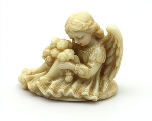 Small, seated angel figurine, holding flowers