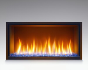 Realistic illustration of a modern fireplace with flames and blue stones