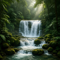 Obraz premium Majestic Waterfall in a Tropical Rainforest