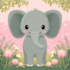 Fototapeta premium Adorable Baby Elephant in Pink Flower Field Illustration