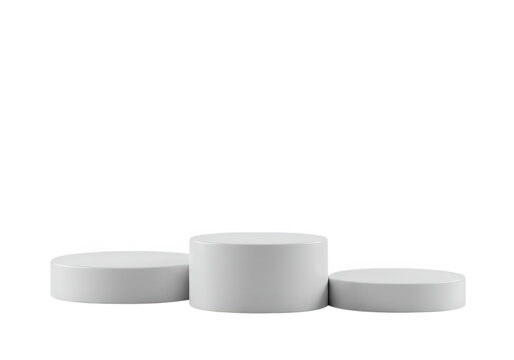Three white cylindrical podiums are arranged in a row, isolated on transparent background