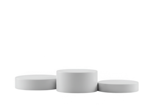 Three white cylindrical podiums are arranged in a row, isolated on transparent background