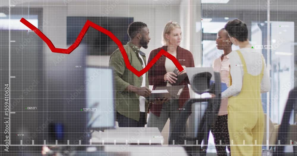 Poster four professionals inputting metrics on laptop animating line rising on transparent grid for review