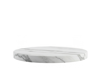 A round white marble table top with gray veins is isolated on transparent background