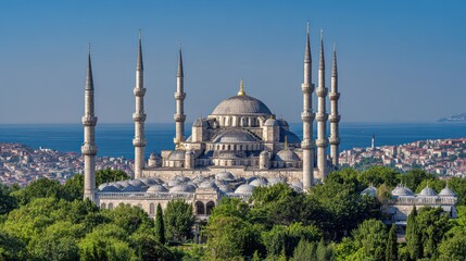 Majestic Blue Mosque, Istanbul, with Six Minarets & Serene Skyline on Clear Blue Sky