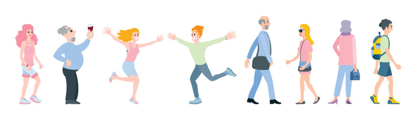 A set of vector illustrations of men and women. Group of people. 
