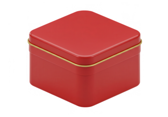 A square red metal tin box with a thin gold rim, isolated on transparent background
