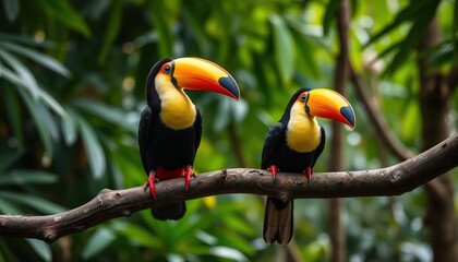 Fototapeta premium Two keel-billed toucans perched on a gnarled branch in a lush rainforest