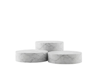 Three round white marble podiums, ideal for product display, isolated on transparent background