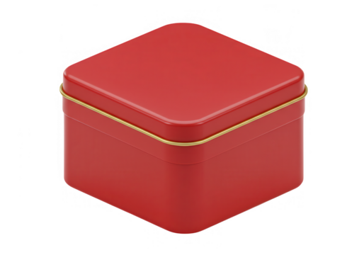 A square red metal tin box with a thin gold rim, isolated on transparent background - Powered by Adobe