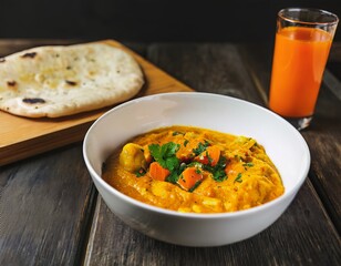 Hearty Carrot Lentil Curry with Naan and Fresh mango Juice