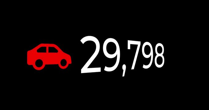 Animation of numerical counting with increasing concept with red car icon on black background with slight movement