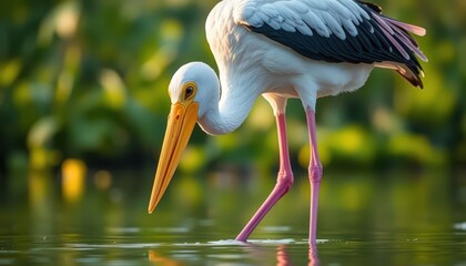Obraz premium a Yellow-billed Stork wading in shallow water