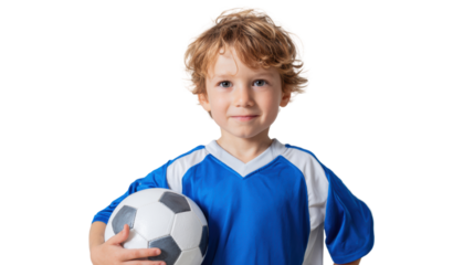 Cheerful boy in blue jersey holding a soccer ball, isolated on a white background.