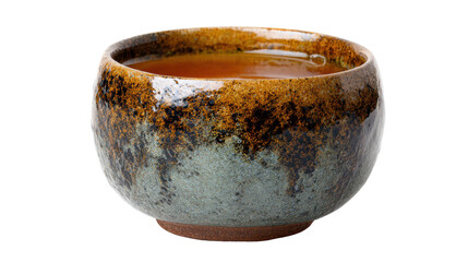 Ceramic bowl filled with warm orange tea, isolated on white background.