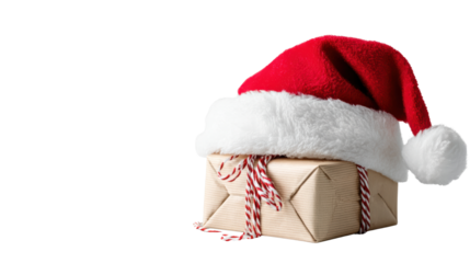 Christmas gift box wrapped in brown paper with red and white twine, topped with a festive Santa hat, white isolate background.