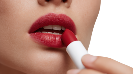 Close-up of a person's lips applying red lipstick with a matte finish against a white isolated background.