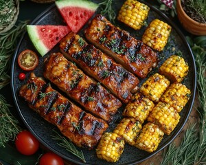 Grilled ribs and corn with watermelon garnish